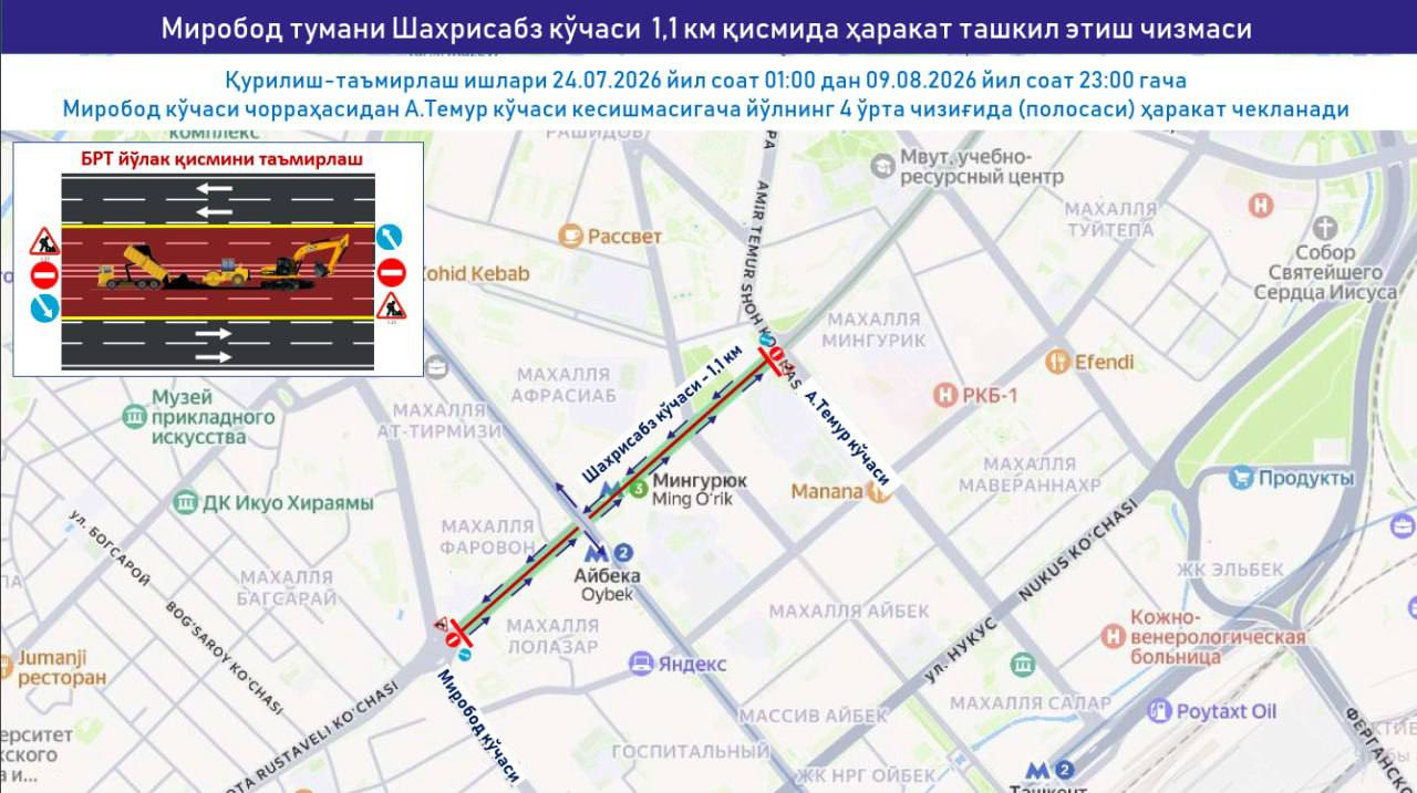 На улице Шахрисабз в Ташкенте началось обустройство выделенной полосы для общественного транспорта